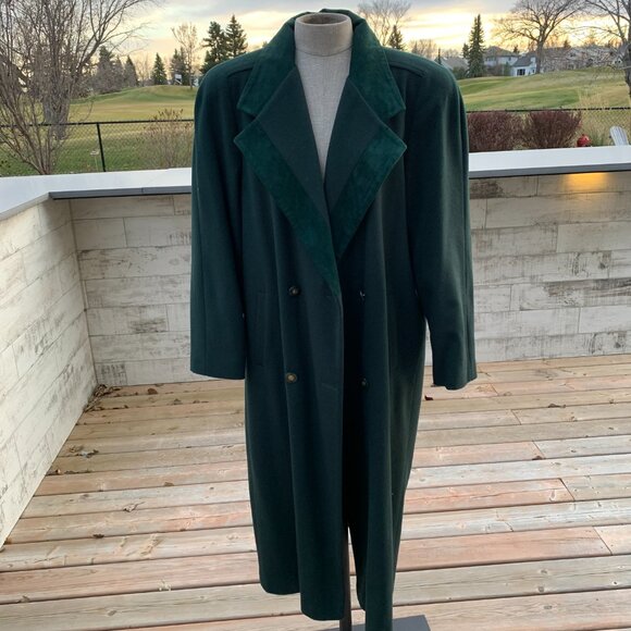 Vintage Forest Green Wool Suede Trim Double Breasted Overcoat Maxi Trench Coat - Picture 4 of 16